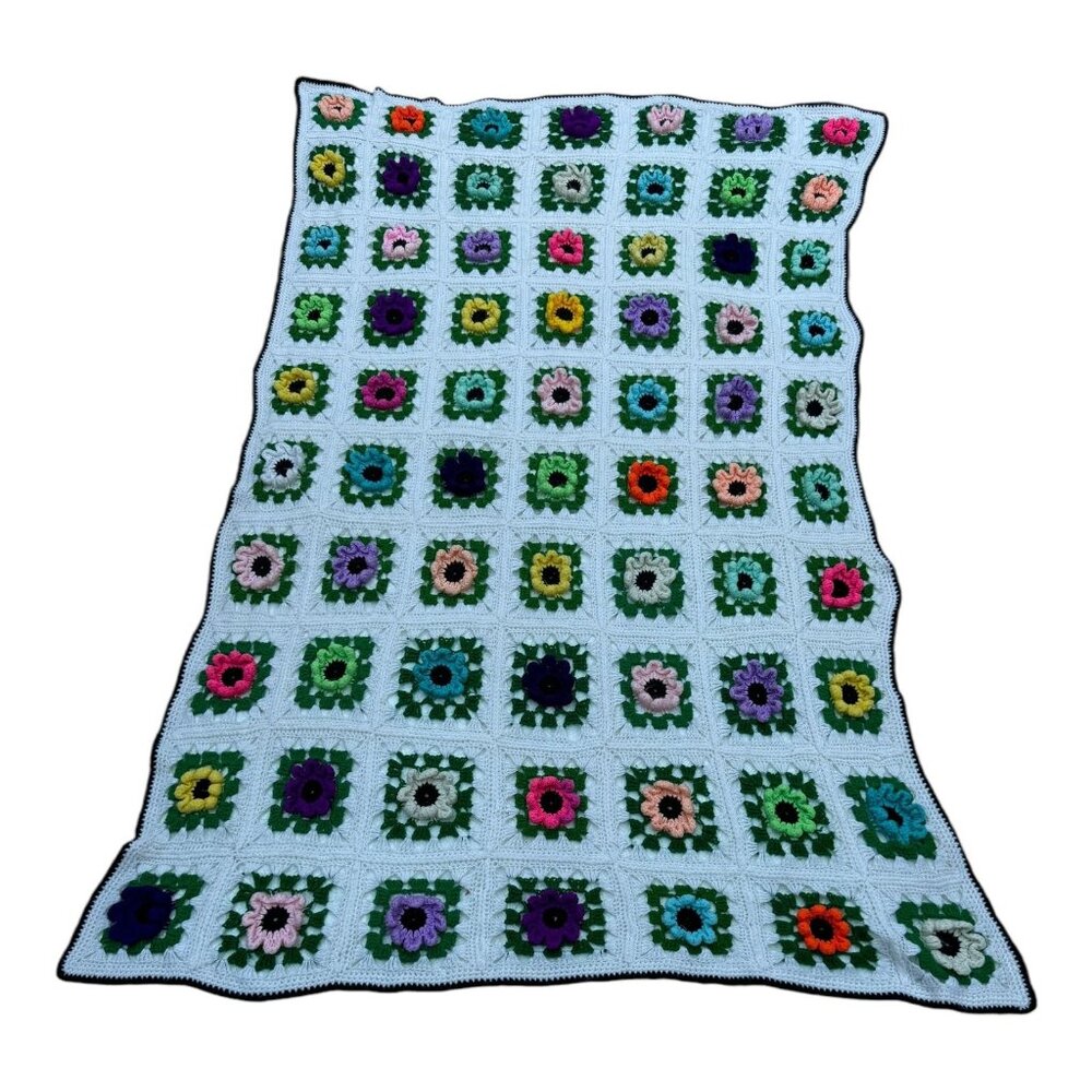 Vtg Cottagecore GrannyChic Handmade Granny Sq 3D Floral Crochet Afghan 60" X 90"